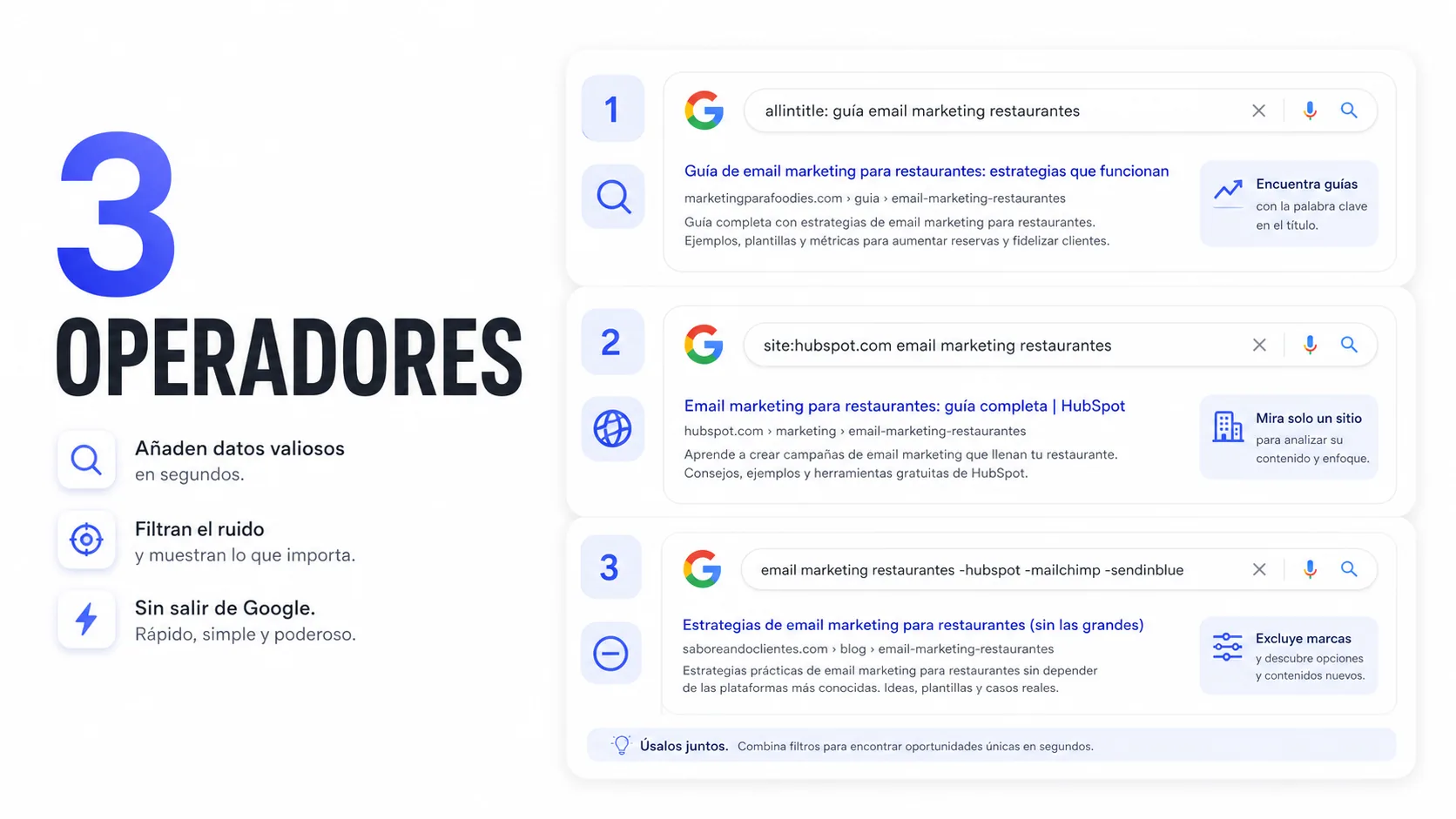 Tres operadores de búsqueda de Google para validar oportunidades SEO