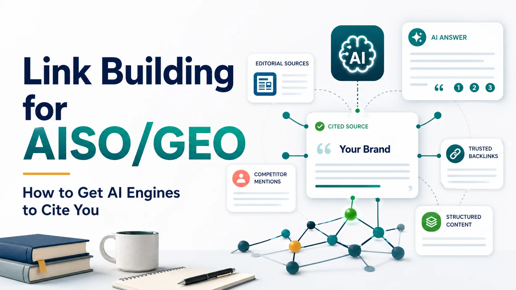 illustration about link building for AISO and GEO, showing how brands can earn citations from AI search engines