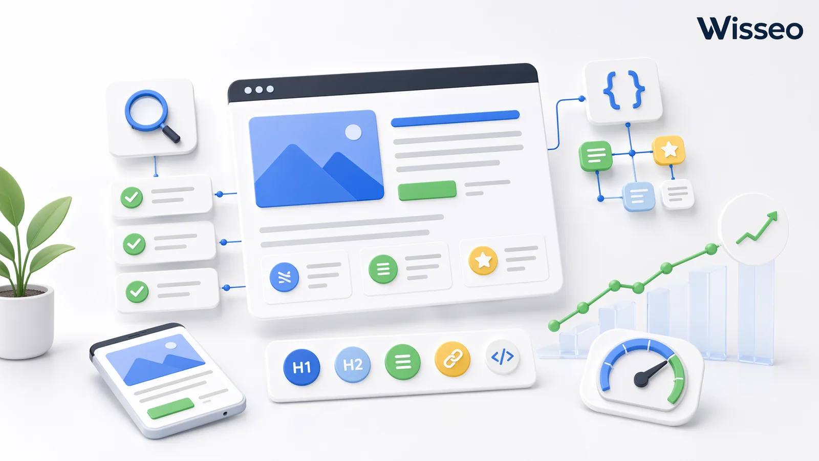 Imagen destacada de Wisseo sobre SEO on-page con elementos visuales de optimización web, señales de ranking y análisis de rendimiento