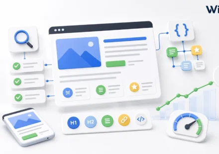 Imagen destacada de Wisseo sobre SEO on-page con elementos visuales de optimización web, señales de ranking y análisis de rendimiento