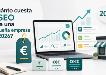 Ilustración sobre el coste del SEO para pequeñas empresas en 2026 con analíticas, presupuesto y crecimiento orgánico.