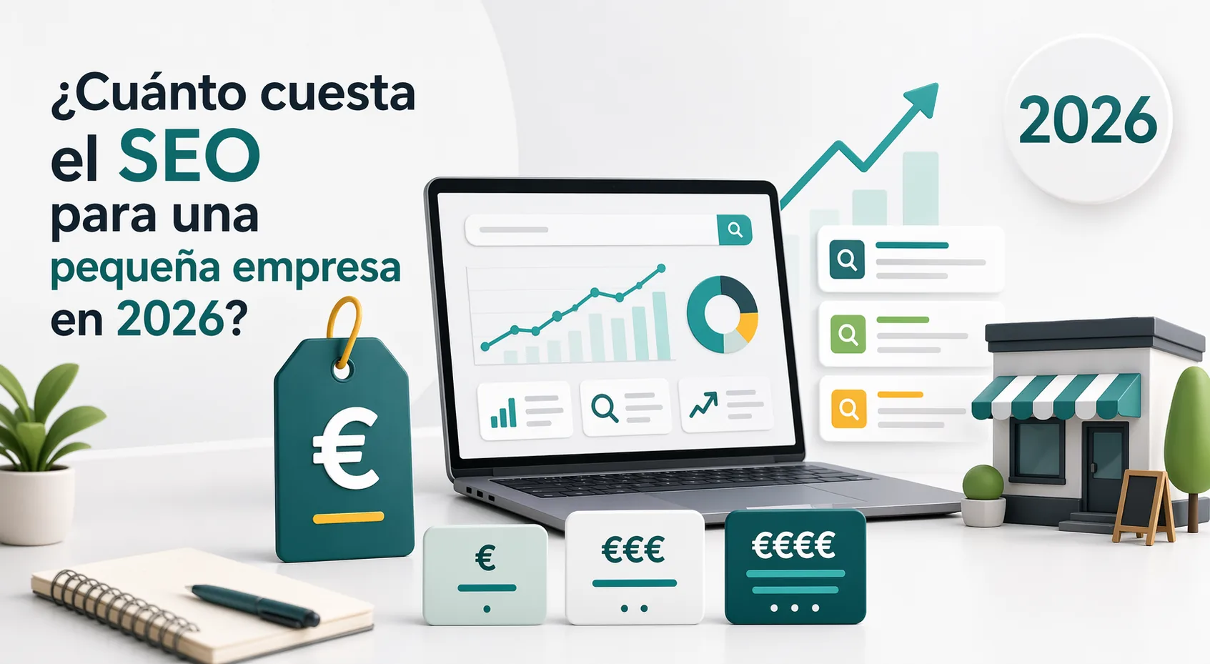 Ilustración sobre el coste del SEO para pequeñas empresas en 2026 con analíticas, presupuesto y crecimiento orgánico.