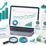 Illustration of SEO pricing for small businesses in 2026 with analytics, dollar budget tags, search results and growth charts.