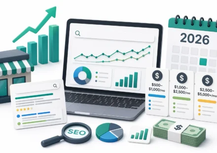 Illustration of SEO pricing for small businesses in 2026 with analytics, dollar budget tags, search results and growth charts.