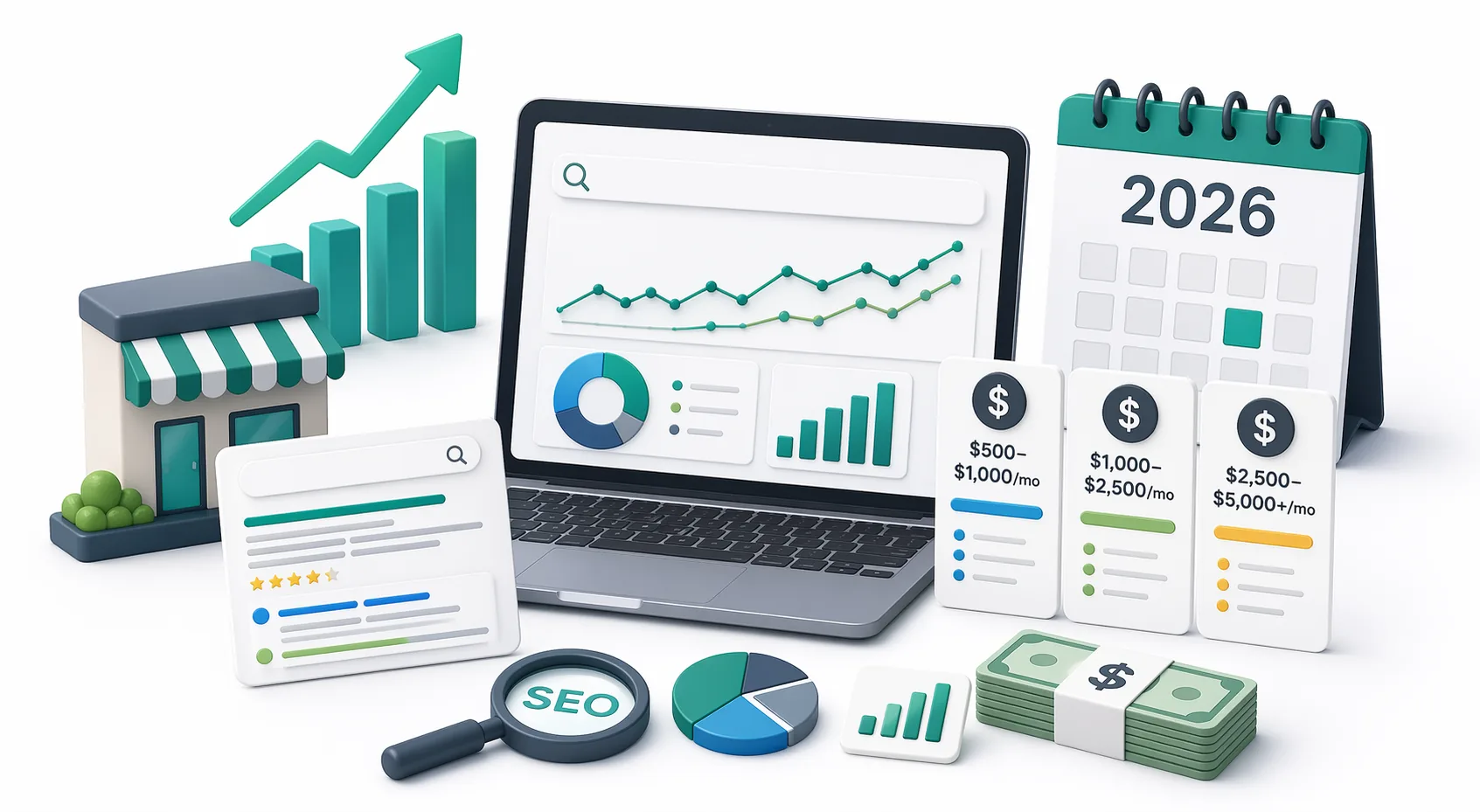 Illustration of SEO pricing for small businesses in 2026 with analytics, dollar budget tags, search results and growth charts.