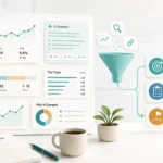 Clean SEO report dashboard illustration showing traffic, rankings, AI visibility and next steps for a Wisseo blog article