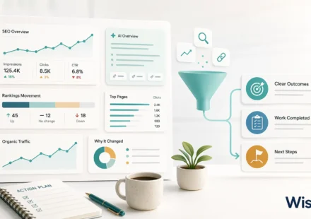 Clean SEO report dashboard illustration showing traffic, rankings, AI visibility and next steps for a Wisseo blog article