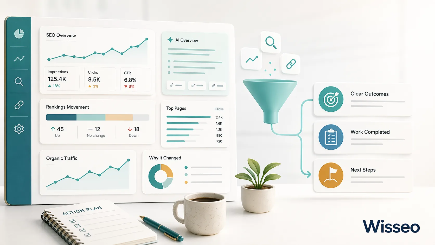 Clean SEO report dashboard illustration showing traffic, rankings, AI visibility and next steps for a Wisseo blog article