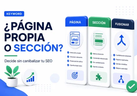 Portada editorial con tarjetas de decisión para saber si una keyword merece página propia o solo una sección