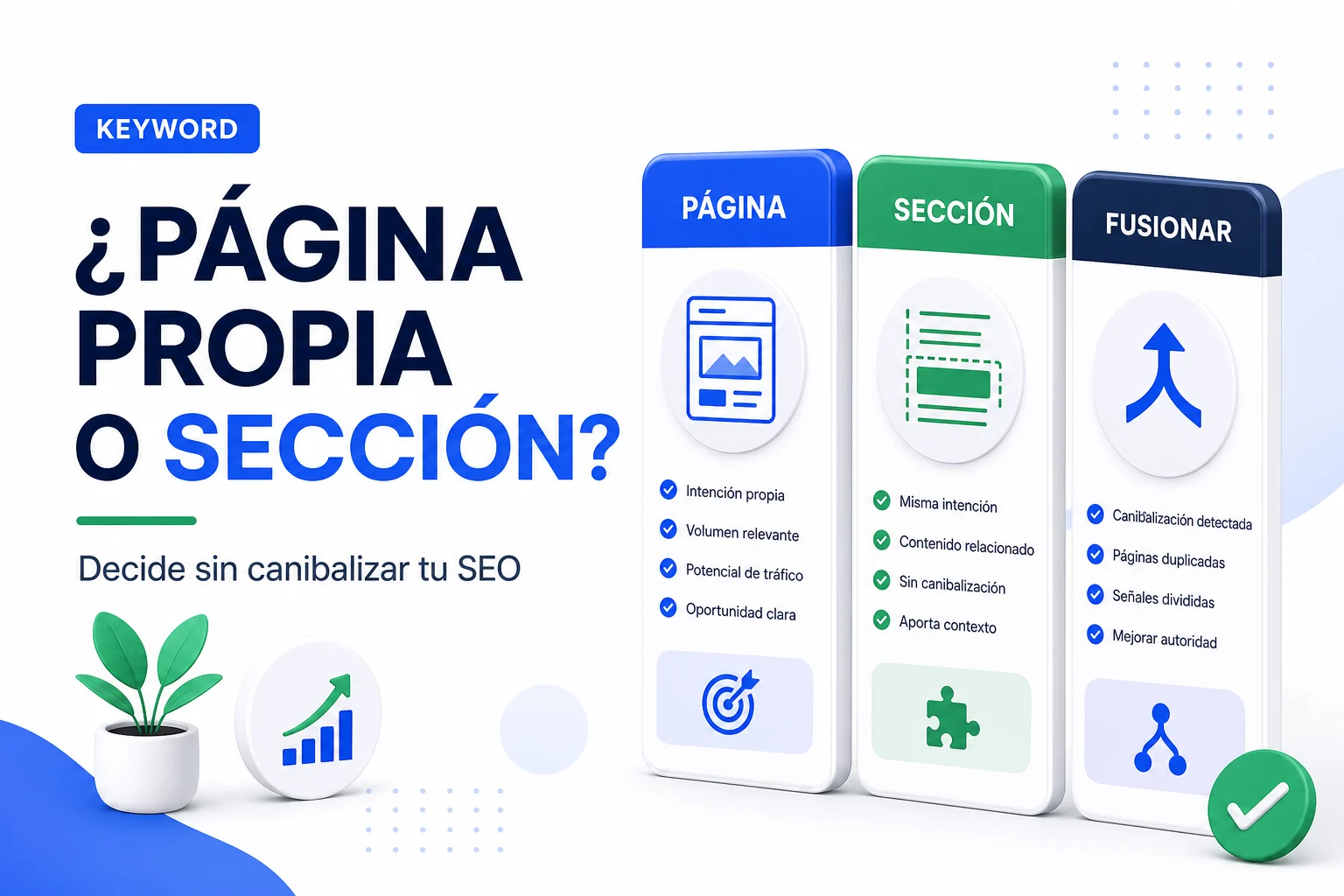 Portada editorial con tarjetas de decisión para saber si una keyword merece página propia o solo una sección