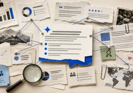 Editorial research board connecting cited sources to an AI-generated answer