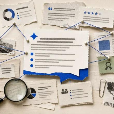 Editorial research board connecting cited sources to an AI-generated answer