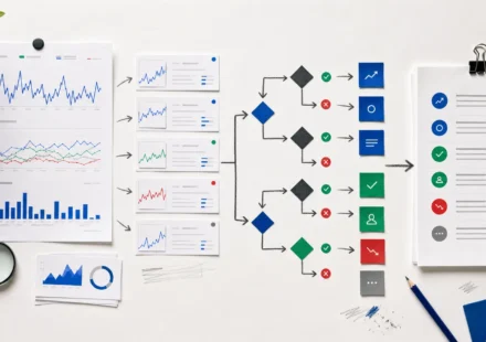 Editorial desk with search performance charts, query cards and a decision tree for SEO actions