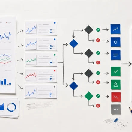 Editorial desk with search performance charts, query cards and a decision tree for SEO actions