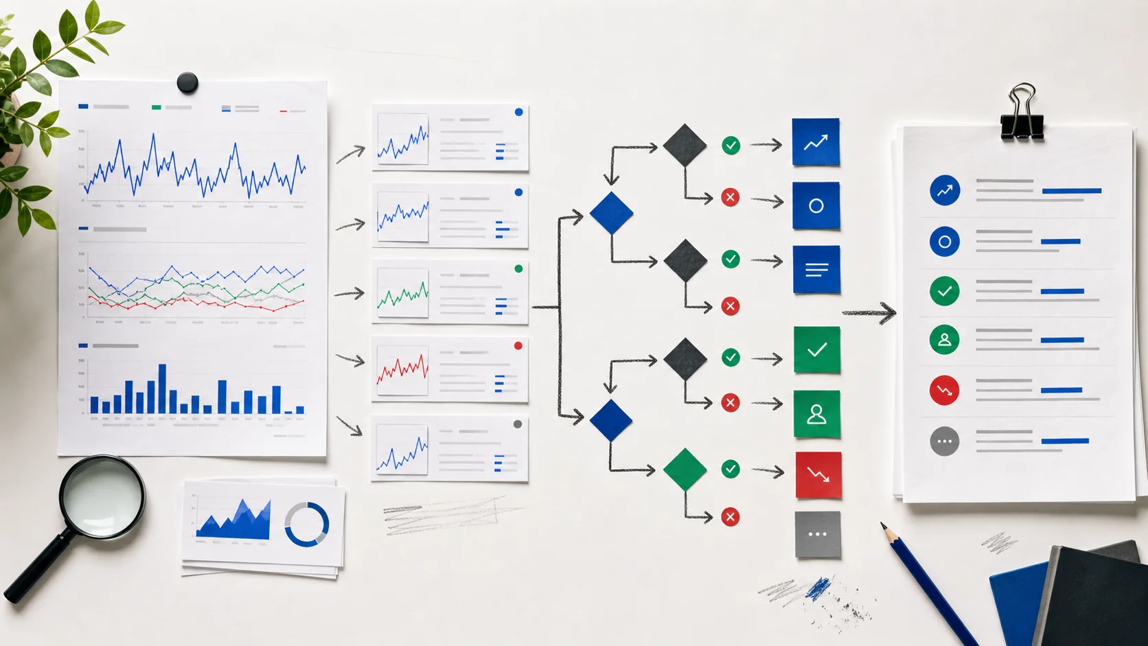 Editorial desk with search performance charts, query cards and a decision tree for SEO actions