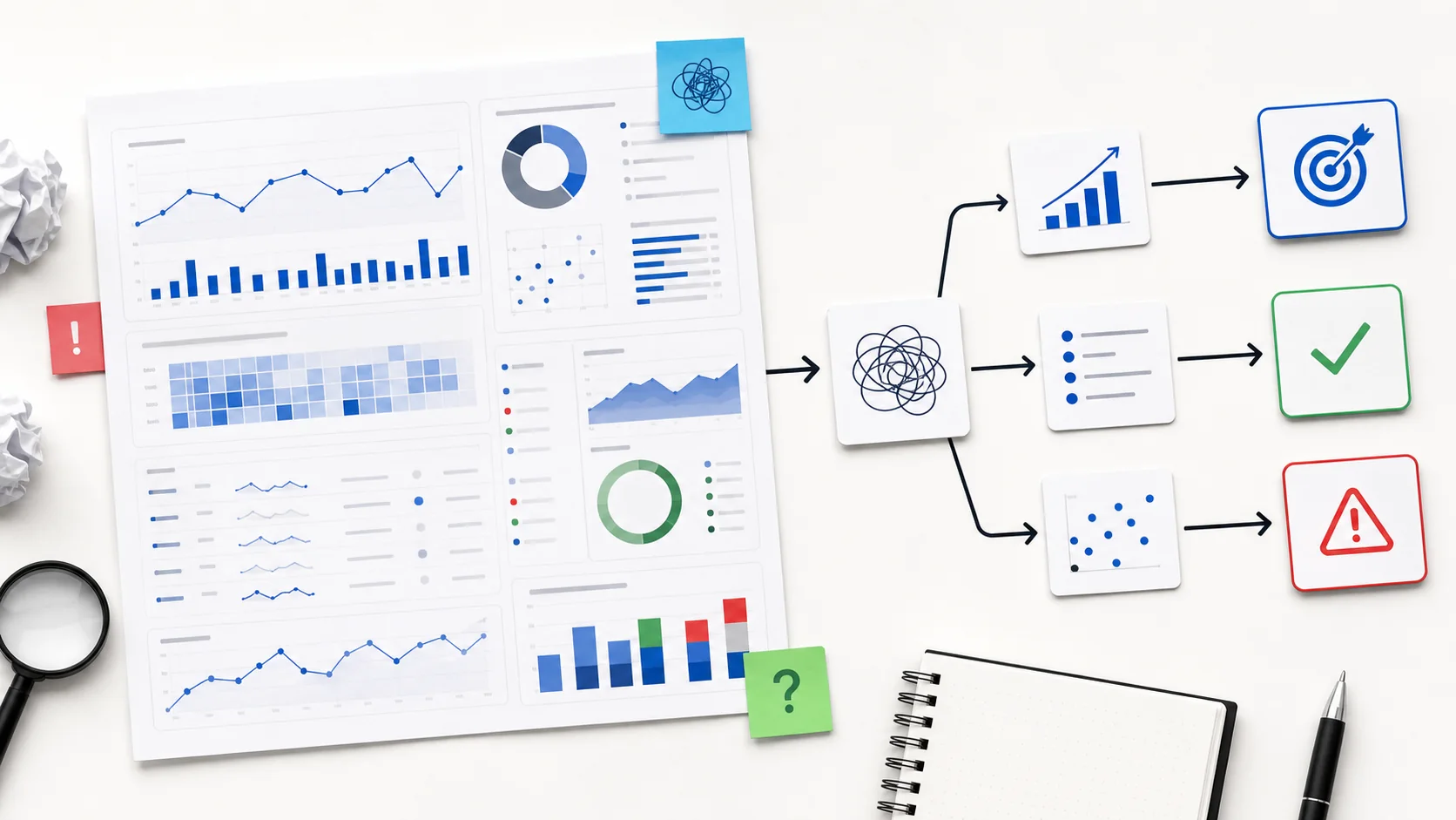 Ilustración editorial de un dashboard de Search Console convertido en una ruta clara de decisiones SEO
