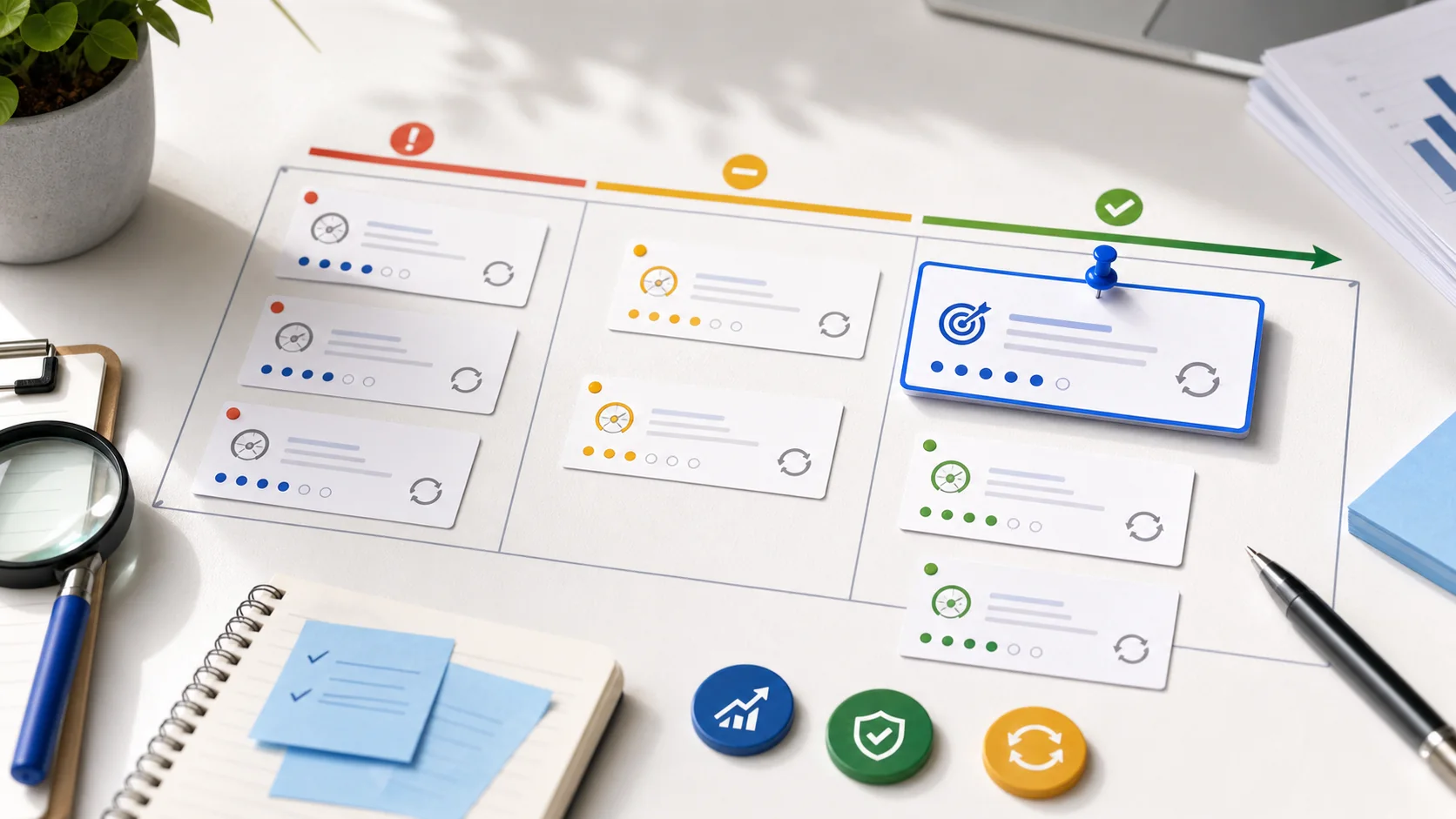 Tablero editorial de priorización de acciones SEO en Search Console por valor de negocio y confianza