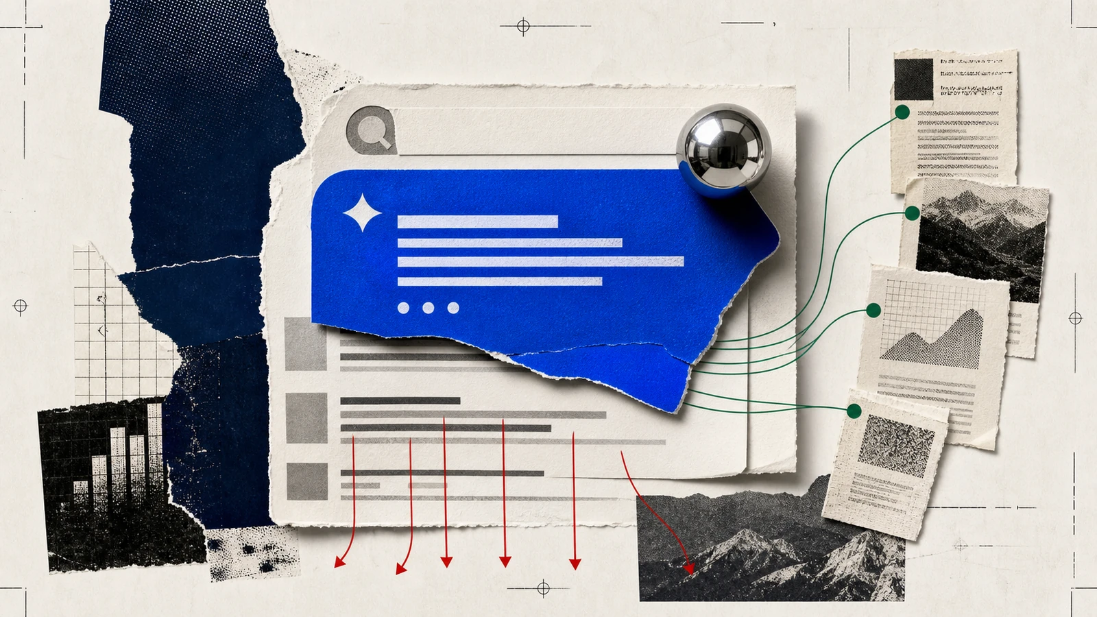 Editorial collage about AI search, declining clicks, referral traffic growth, and cited sources