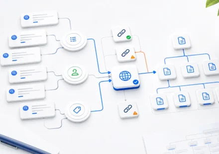 Editorial cover about keyword mapping SEO with keyword clusters connected to a URL architecture