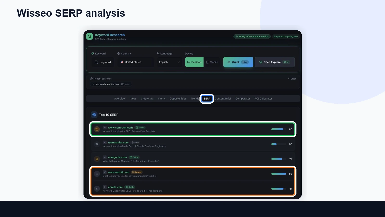 Wisseo SERP view used to analyze which URL type ranks before keyword mapping decisions