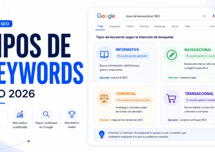 Portada editorial sobre tipos de palabras clave en SEO con intención informativa, navegacional, comercial y transaccional
