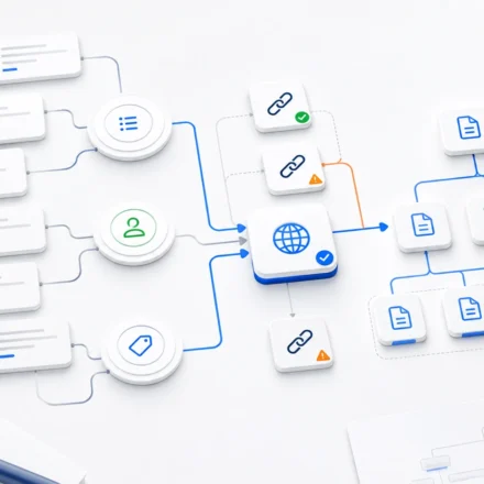 Portada editorial sobre keyword mapping SEO con clusters de palabras clave conectados a una arquitectura de URLs