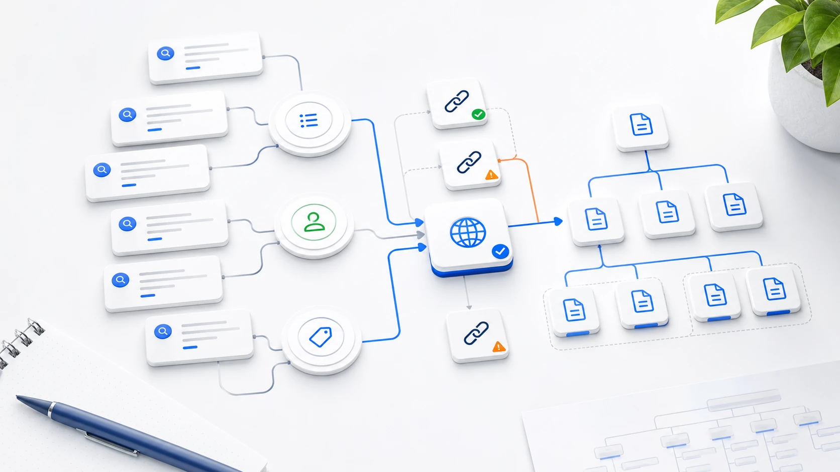 Portada editorial sobre keyword mapping SEO con clusters de palabras clave conectados a una arquitectura de URLs