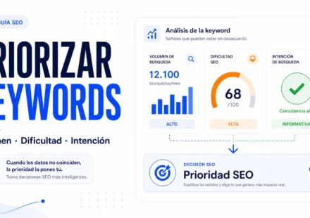 Portada editorial sobre cómo priorizar keywords por volumen dificultad e intención