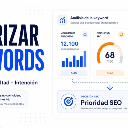 Portada editorial sobre cómo priorizar keywords por volumen dificultad e intención